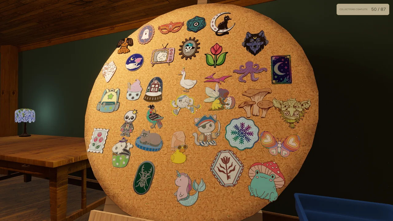A round cork board filled with a personal collection of colorful enamel pins.
