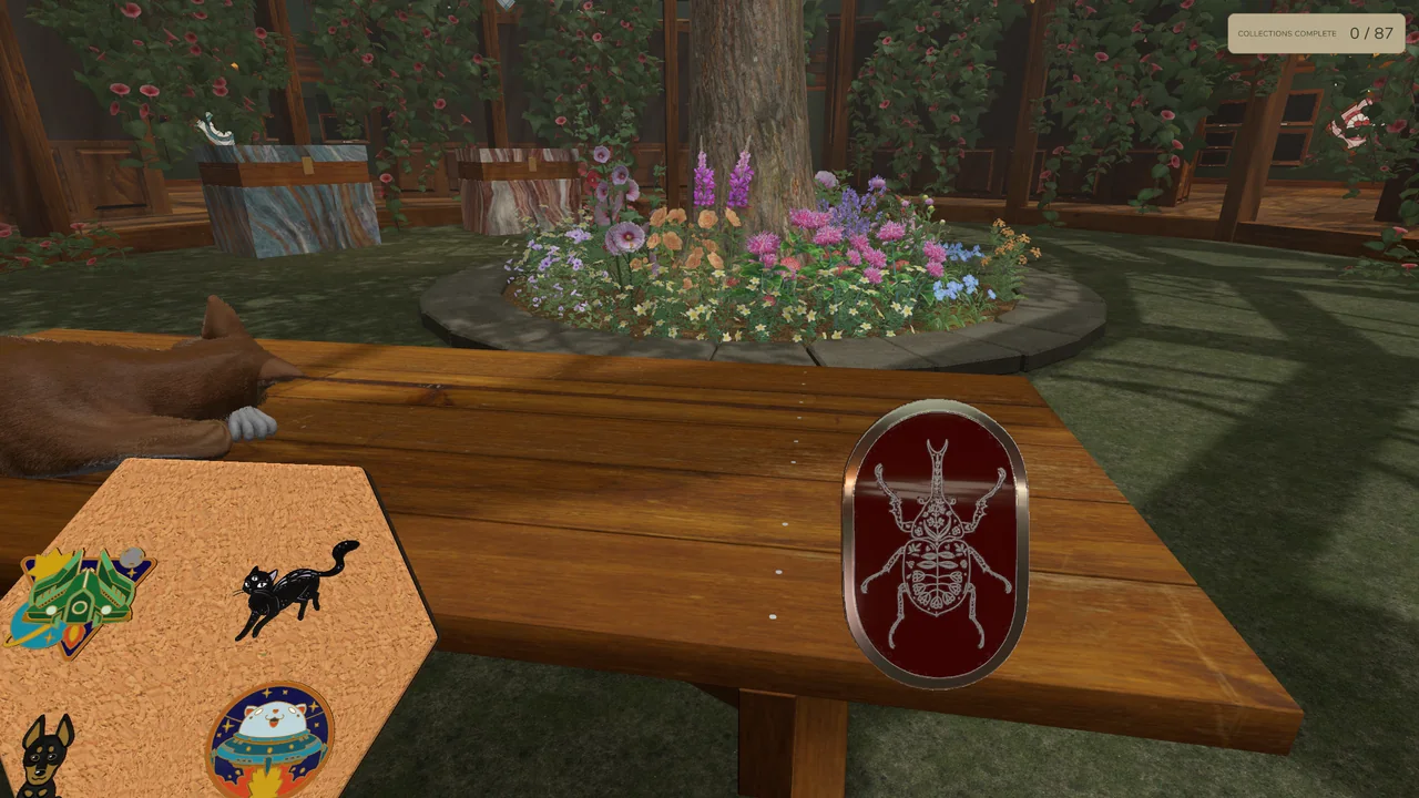 An orange cat sleeps on a wooden table as the player inspects a red beetle pin.