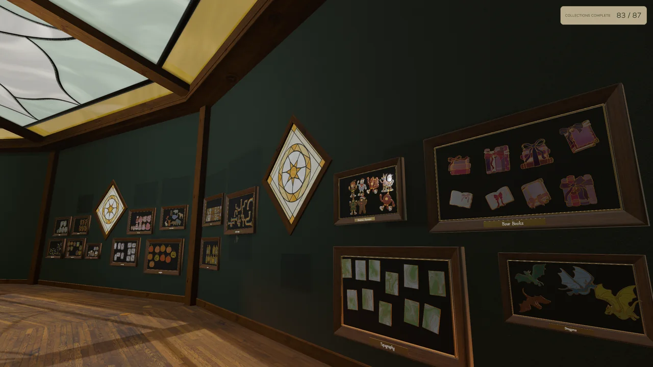 Framed pin series line the green walls under a patterned stained-glass ceiling.